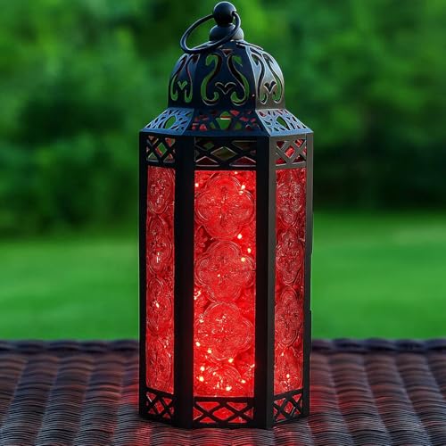 Vela Lanterns Decorative Indoor Red Gothic Fairy Light Candle Holder, M | Halloween Vampire Decor, Fantasy Witchy Whimsigoth Lamp, Moroccan Metal Hanging Flameless LED Lantern, Remote, 10.5" Tall - color: Black/Red, size: Medium
