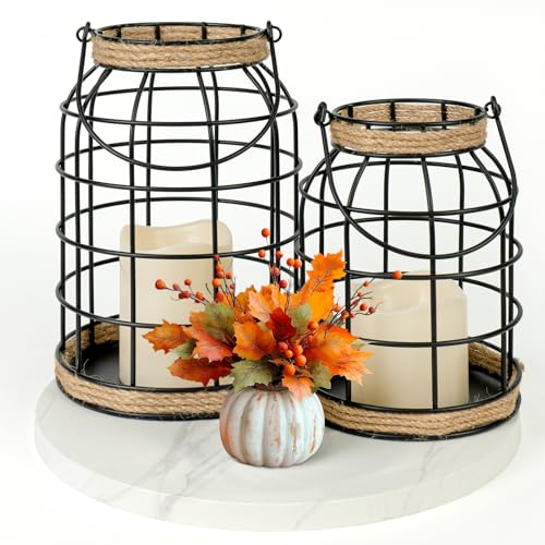 Rustic Farmhouse Decorative Lantern Set of 2, Boho Lanterns with LED Candles, Modern Farmhouse Indoor Outdoor Decor for Living Room Patio Porch Fireplace Kitchen Dining Table Centerpiece