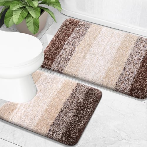 OLANLY Micorfiber Bathroom Rug Set 2 Piece, Soft Absorbent Bath Mats, Brown - color: Brown, size: 24" X 16" + U24" X 20"