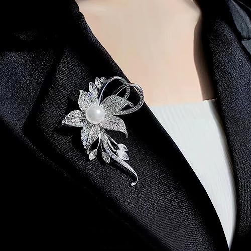 Crystal Pearl Flower Brooches Pins Fashion Beautiful Created Rhinestone Floral Brooch Good Idea for Party Dance Wedding Banquet for Elegant Women Girl - color: Silver Flower