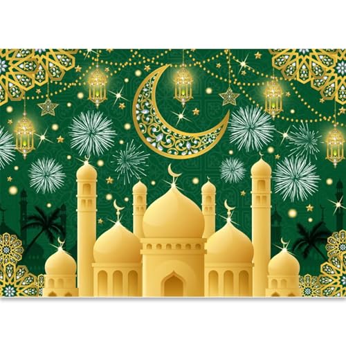 Eid Mubarak Backdrop Islamic Muslim Festival Green Gold Arabian Ramadan Golden Moon Lantern Castle Backgrounds Ramadan Kareem Lantern Sign Iftar Party Decorations Photo Booth Props Vinyl 8x6ft