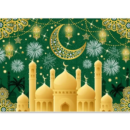 Eid Mubarak Backdrop Islamic Muslim Festival Green Gold Arabian Ramadan Golden Moon Lantern Castle Backgrounds Ramadan Kareem Lantern Sign Iftar Party Decorations Photo Booth Props Vinyl 8x6ft