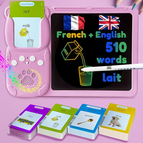 Writing Tablet with Bilingual Flash Cards for Kids, French, Pink - color: French, size: Pink