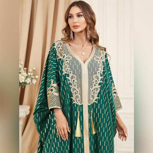 IDOPIP Abayas for Women Muslim Ramadan Dress Long Sleeve Floral Maxi Moroccan Kaftan Dress Loose Islamic Dubai Pakistani Robe - color: Green Tassel