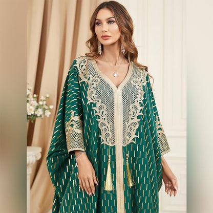 IDOPIP Abayas for Women Muslim Ramadan Dress Long Sleeve Floral Maxi Moroccan Kaftan Dress Loose Islamic Dubai Pakistani Robe - color: Green Tassel