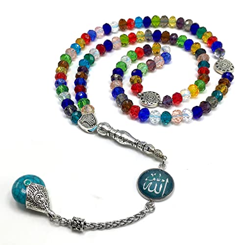 Special for Women Muslim Prayer Beads, Tesbih-Tasbih-Tasbeeh-Misbaha-Masbaha-Subha-Sebha-Sibha-Worry Beads (Multicolor Crystal - 6x8 mm 99 Beads & Allah Tassel)