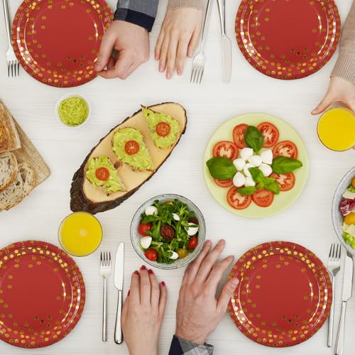 Paper Plates and Napkins Set, Red and Gold Dot, 75PCS, Serves 25 - color: Red Gold Dot, size: 7inch-75pcs