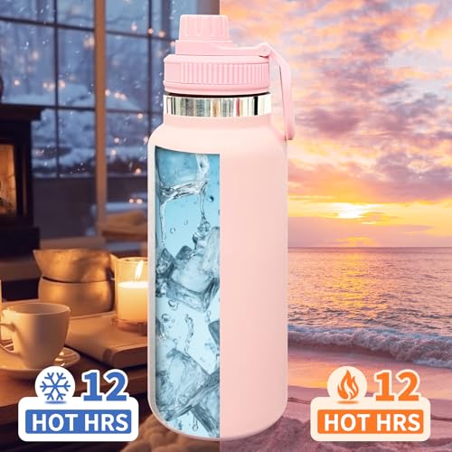 32 oz Insulated Water Bottle with Spout Lid - Double Wall Vacuum Sports Water Bottle - Powder Coated Cup for Gym Camping Hiking(Pink,1 pack) - color: Pink