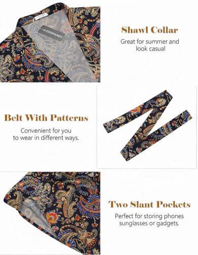 COOFANDY Men Lightweight 2 Piece Kimono Robe with Shorts Japanese Robes Casual Open Front Long Cardigan With Belt - color: Navy Blue(cashew Flowers), size: Small
