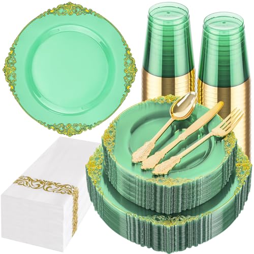 Hioasis 175 Pcs Clear Green Plates for Party - color: Clear Green and Gold