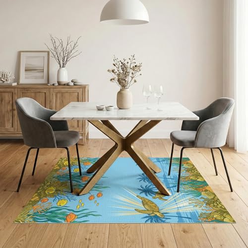 5'x7' Washable Beachy Sea Turtle Area Rug, Teal Non-Shedding Pet Friendly Carpet Easy Care Kids Safe Mat for Small Living Room, Playroom, Bedroom | Ref:1991881 - color: Blue/Pattern 46, size: 5' x 7' (Rectangular)