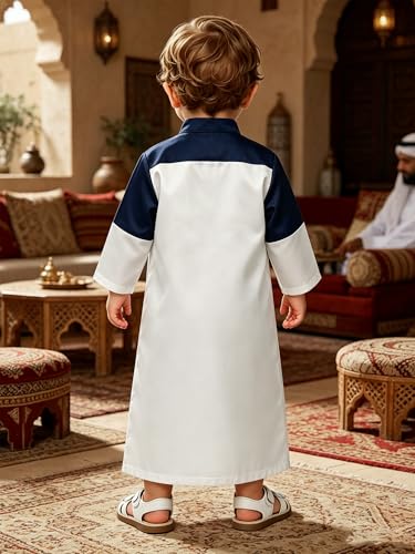 Lejafay Islamic Abaya for Boys Ramadan Eid Outfit Long Sleeve Stand Collar Dubai Thobe Kaftan Prayer Gowns - color: White, size: 18-24 Months