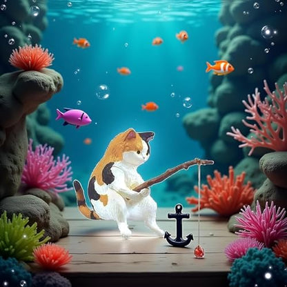 Fish Landscaping Fishing Cat Ornaments Mini Resin Figurine Cartoon Cat Statue for Home Office Aquarium Decoration Fishing Cat Figurine Aquarium Décor
