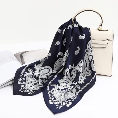 STARWHISPER 27" Square Head Scarf for Women Silk Feeling Satin Scarf Women Fashion Silk Scarf for Wrapping Hair - color: Black Paisley
