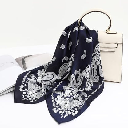 STARWHISPER 27" Square Head Scarf for Women Silk Feeling Satin Scarf Women Fashion Silk Scarf for Wrapping Hair - color: Black Paisley