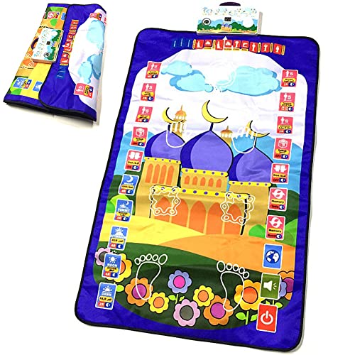 Sanyi Kids Muslim Prayer Rug - Electronic Islamic Prayer Carpet Mat, Teaching Talking Music Mat with Worship Step Guide for Kids Toddlers, 6/7 Languages, 43.3 x 27.5 Inch (Blue)