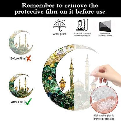 Crescent Moon Mosque Lantern Acrylic Suncatcher with Hanging Chain, Islamic Style Window Decor for Home, Patio, Garden,Ideal Present for Ramadan, Eid, Housewarming/YX-43