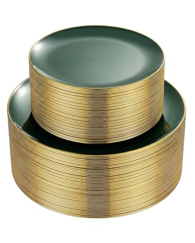 PULOTE 100PCS Green Plastic Plates - Green Disposable Plates With Gold Rim - Include 50 Pieces Dinner 10.25inch,50 Pieces Dessert 7.5inch for Party&Christmas - color: Green