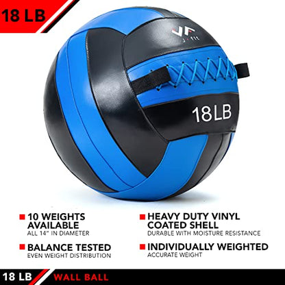 JFit Wall Ball – Premium Soft Weighted Exercise Ball for Strength, Conditioning, Gym & Home Workouts, 4-30 LB - color: Blue/Black, style: 18 LB