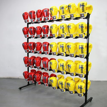 Boxing Glove Dryer and Organizer, Boxing Gym Glove Storage Rack, Large Capacity Holds 40 Pairs of Gloves, Heavy Duty Metal Double Sided 5 Tier Glove Hanging Rack with Mobile Wheels