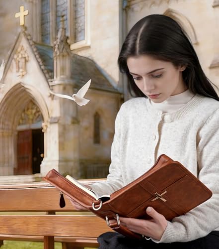 Vegan Leather Bible Cover Case, Bible Bag with Phone Pocket, Bible Case for Men Women, Christian Gift Box Packaging (Brown - with Strap) - color: Brown - With Strap