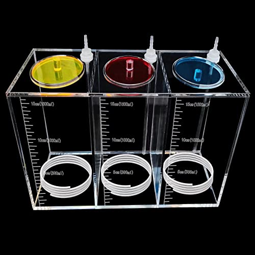 Liquid srorage Bucket Made of acryli,Reservoir dosing Container,Aquarium Air Pump Accessories,dosing Pump Liquid containers of Three-Grid(Total Capacity 4.5L/1.19gal Yellow red Blue lid) - size: 4.5L 3grid yellow red blue lid