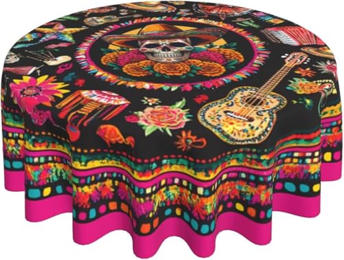 Mexican Skull Flower Cactus Tablecloth Mexico Round Table Cover Washable Table Cloth for Home Kitchen Party Picnic 60 Inch - color: Mexican Skull Flower Cactus