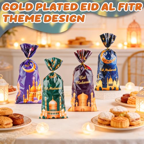 LERCTH 50 PCS Ramadan Eid Mubarak Gift Bags with Gold Twist Ties - 4.9x10.7 Inch Metallic Foil Treat Bags, Moon Star Design Party Favor Bags for Islamic Holiday Celebrations - color: Ramadan Bags 50 pack