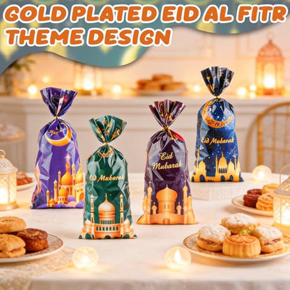 LERCTH 50 PCS Ramadan Eid Mubarak Gift Bags with Gold Twist Ties - 4.9x10.7 Inch Metallic Foil Treat Bags, Moon Star Design Party Favor Bags for Islamic Holiday Celebrations - color: Ramadan Bags 50 pack