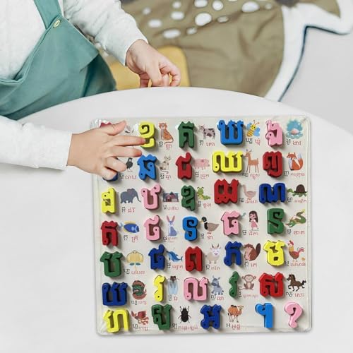 Alphabet Word Puzzle Wooden Alphabet Number Puzzle Letters Board Learning Toy Shape Matching Game Suitable for Classroom Parent Chil, Cambodian A - color: Cambodian a