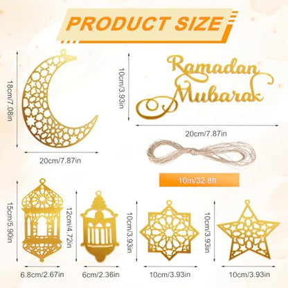 6pcs Ramadan Ornaments, Acrylic Ramadan Kareem Decoration Eid Mubarak Pendant Wind Light Moon Star Shaped Ramadan Decor for Hanging on Walls Windows Trees (Golden)