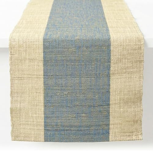 Table Runner, 13.8" × 72", 100% Natural Ramie, Handwoven - color: Ramie & Blue