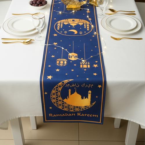 Eid Mubarak Table Runner, Eid Mubarak Decorations, Ramadan Kareem Table Runner, Blue and Golden Moon Star Ramadan Holiday Table Decorations for Ramadan Home Kitchen Dining Party Supplies, 13" X 72" - size: 13" x 72"