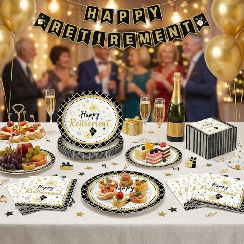 Dereinwo 50 Pcs Retirement Large 12" x 10" Oval Paper Plates and Napkins Disposable Heavy Duty Paper Plates and Napkins for Retirement Party Supplies - style: Retirement