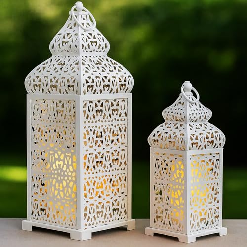 Vela Lanterns Decorative Indoor Moroccan Candle Holders, White, Set of 2 | White Wedding Centerpieces, Ramadan Decorations for Home, Eid Islamic Decor, Metal Hanging Lamp, Large, 11" & 15" Tall - color: White, size: 11" and 15"