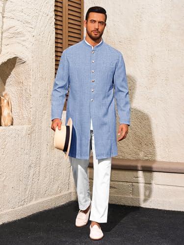 Runcati Mens Kurta Coats Indian Mandarin Collar Attire Ethnic Outfits Wedding Festive Party Clothing Casual Kaftan Robe - color: Light Blue, size: X-Large