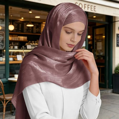 Premium Hijab Head Scarf for Women Lightweight Shimmer Hijab Head Wrap Scarves Crepe Satin Scarf Shawl Wrap - color: Mauve