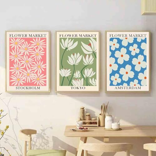 Flower Market Wall Art - Neutral Floral Artwork Poster, Matisse Aesthetic Canvas Prints, Abstract Floral Wall Art for Living Room Decor - 16x24inch x3 No Frame - color: F, size: 16x24inchx3 No Frame