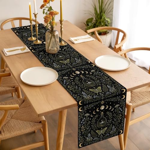 Whimsical Lunar Table Runner Butterfly Floral Moonphases Quartzcrystals Black Kitchen Table Runner for Dining Room Home Party Decor 13x70 Inch - size: 13"W x 70"L (Pack of 1)