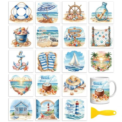Peacoblue 18 Sheets Rub on Transfers for Crafts, Summer Elements 3.6"x3.9" UV DTF Cup Wraps Waterproof Rub on Cold Transfers Stickers for Wood Glass Metal Cup Tumblers Mirrors Mugs Home Decor - style: Summer Elements