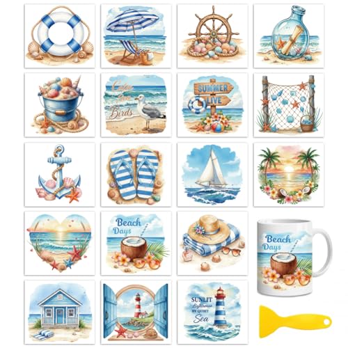 Peacoblue Summer Elements Rub On Transfers for Craft, Transfer Sticker | 18 Sheets UV DTF Transfers, Waterproof Rub On Decals for Wood, Glass, Furniture, Tumblers & Home Decor Crafts - style: Summer Elements