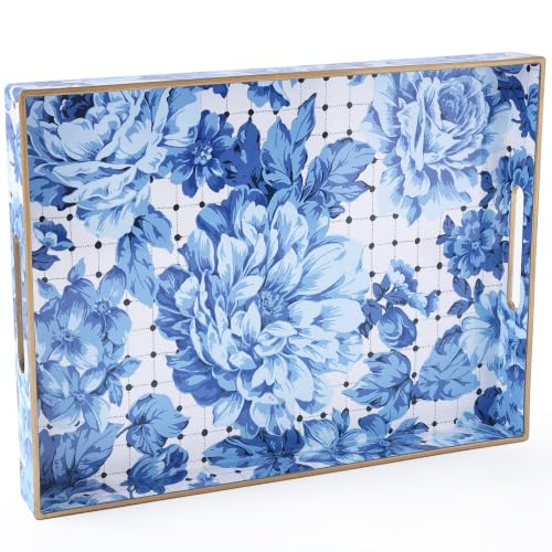 Serving Tray with Handles, Rectangular Plastic Tray 15.75x11.81 Inch, Decorative Tray for Kitchen, Dining Table, Vanity, Office & Home (Blue Peony, 15.8" x 11.8" x 1.6") - color: Blue Peony