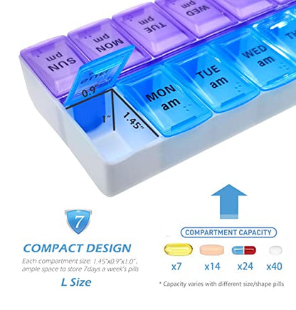 VOFOON Travel Pill Organizer 2 Times a Day, Large AM PM Pill Organizer 7 Day, PU Leather Daily Pill Box Case, Weekly Pill Medicine Organizer for Vitamins Medicine Fish Oils Supplements (L Size) - size: Large 7 Days x 2 Compartments