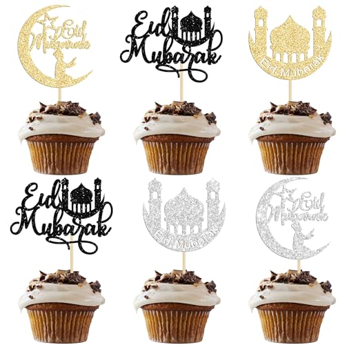 24 Pack Cupcake Toppers - Moon Star Happy Eid Mubarak Cupcake Picks - Islamic Muslim Theme - Ramadan Kareem Eid Party Cake Decorations - color: Gold-2