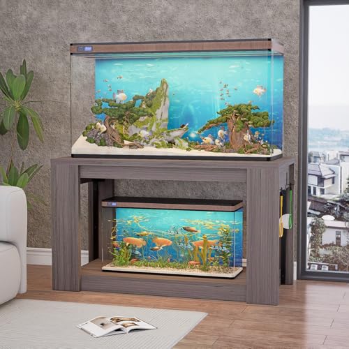 Farmhouse 75–120 Gallon Aquarium Stand for Fish or Reptile Tank, 48"x24" Tabletop Terrarium Stand with Power Outlet and Storage Shelves, Natural Brown Fish Tank Stand, 1500LBS Capacity,Gray Wood