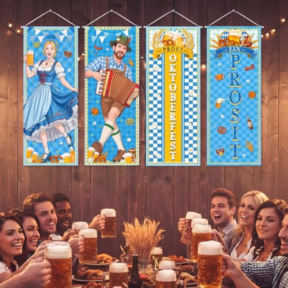 Panelee 4 Pcs Oktoberfest Party Decorations Oktoberfest Prosit Couple Porch Banners Bavarian Hanging Banner Backdrop for German Theme Beer Festival Indoor Outdoor Wall Hanging Decor - style: Oktoberfest