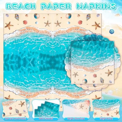 Funnymoom 96 Pcs Summer Beach Plates and Napkin Ocean Wave Party Supplies Disposable Cake Paper Plates Napkin Tableware Set for Hawaiian Luau Holiday Birthday Tropical Pool Party Decoration - style: Beach