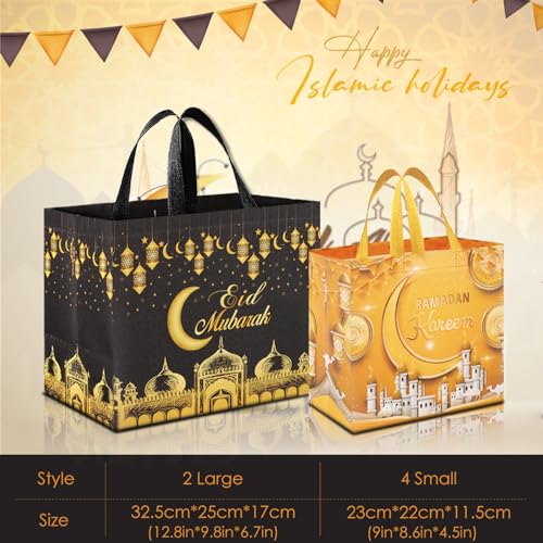 AhfuLife 6 PCS Eid Mubarak Gift Bags, 2 Sizes Eid Tote Bag with Handles, Ramadan Party Bags, Includes 2 Large and 4 Medium Non-Woven Bag for Ramadan Kareem Party Supplies