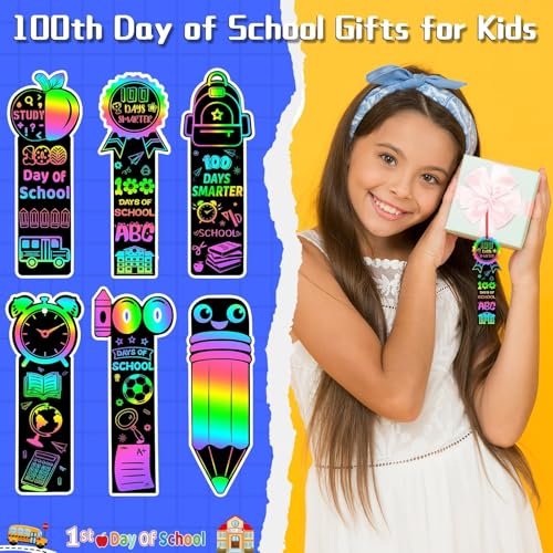JUNEBRUSHS 30Pcs 100 Days of School Scratch Bookmarks, Rainbow Magic Scratch Paper Art for Kids 100 Days of School Craft for 100th Day of School Gifts Activities Project Party Favors - style: 100 Days of School Style