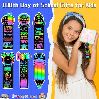 JUNEBRUSHS 30Pcs 100 Days of School Scratch Bookmarks, Rainbow Magic Scratch Paper Art for Kids 100 Days of School Craft for 100th Day of School Gifts Activities Project Party Favors - style: 100 Days of School Style